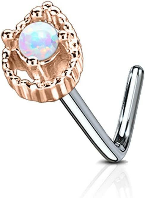 Surgical Steel Tear Drop Opal Center L Bend Nose Stud Rings Nose Ring Impulse Piercings Rose Gold