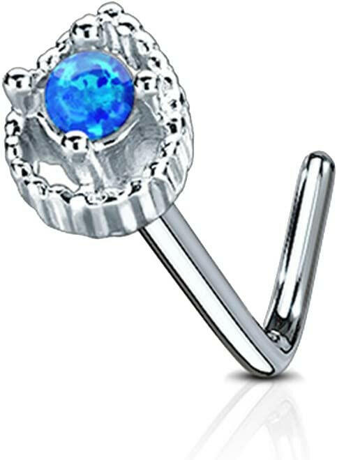 Surgical Steel Tear Drop Opal Center L Bend Nose Stud Rings Nose Ring Impulse Piercings Blue