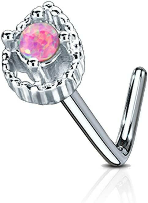 Surgical Steel Tear Drop Opal Center L Bend Nose Stud Rings Nose Ring Impulse Piercings Pink