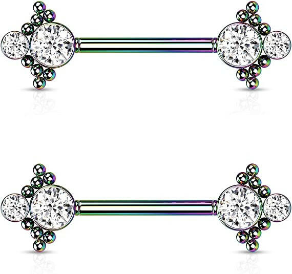 Surgical Steel Threadless Beaded Ball Edge and Double CZ On Each Side Nipple Barbell Rings Nipple Ring Impulse Piercings Rainbow