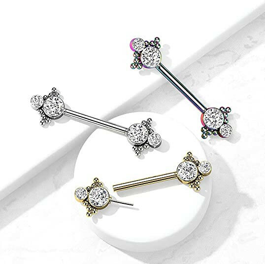 Surgical Steel Threadless Beaded Ball Edge and Double CZ On Each Side Nipple Barbell Rings Nipple Ring Impulse Piercings