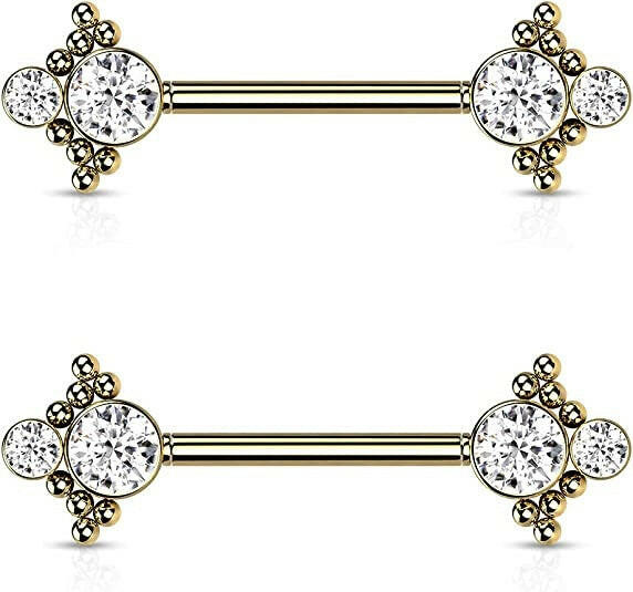 Surgical Steel Threadless Beaded Ball Edge and Double CZ On Each Side Nipple Barbell Rings Nipple Ring Impulse Piercings Gold