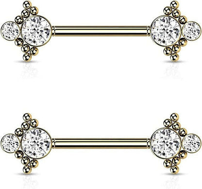 Surgical Steel Threadless Beaded Ball Edge and Double CZ On Each Side Nipple Barbell Rings Nipple Ring Impulse Piercings Gold