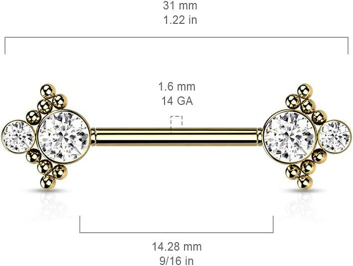 Surgical Steel Threadless Beaded Ball Edge and Double CZ On Each Side Nipple Barbell Rings Nipple Ring Impulse Piercings