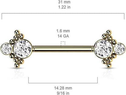 Surgical Steel Threadless Beaded Ball Edge and Double CZ On Each Side Nipple Barbell Rings Nipple Ring Impulse Piercings