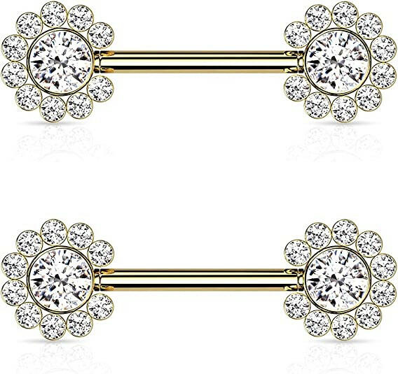 Surgical Steel Threadless Push In 11 CZ Flower Cluster On Each Side Nipple Barbell Rings Nipple Ring Impulse Piercings Gold