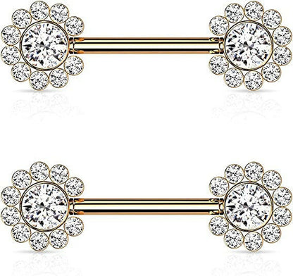 Surgical Steel Threadless Push In 11 CZ Flower Cluster On Each Side Nipple Barbell Rings Nipple Ring Impulse Piercings Rose Gold