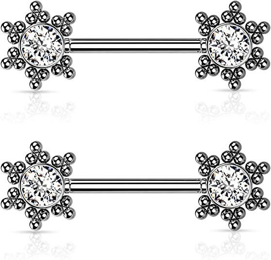 Surgical Steel Threadless Push In 11 CZ Flower Cluster On Each Side Nipple Barbell Rings Nipple Ring Impulse Piercings 14GA Length: 16mm Clear