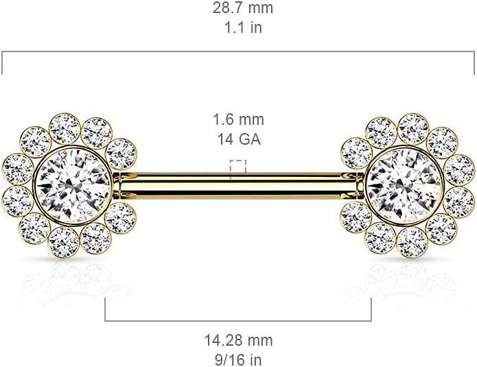 Surgical Steel Threadless Push In 11 CZ Flower Cluster On Each Side Nipple Barbell Rings Nipple Ring Impulse Piercings