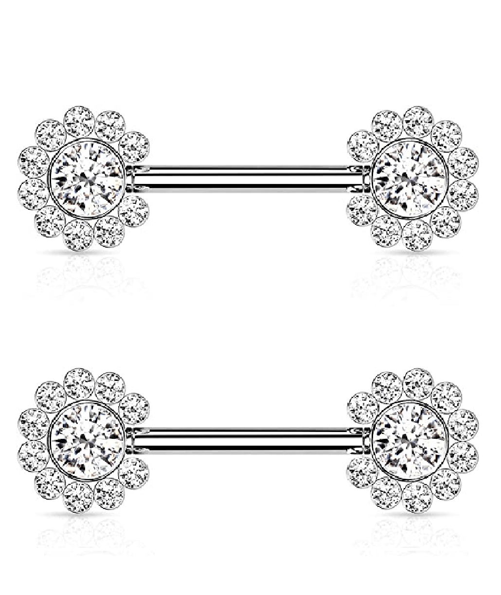 Surgical Steel Threadless Push In 11 CZ Flower Cluster On Each Side Nipple Barbell Rings Nipple Ring Impulse Piercings Clear