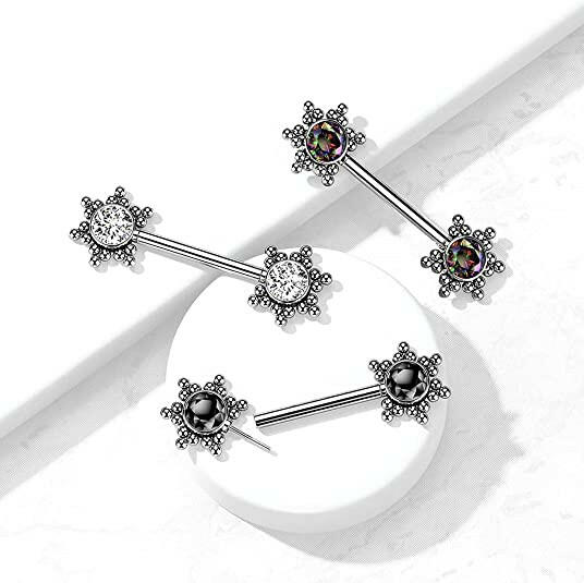 Surgical Steel Threadless Push In 11 CZ Flower Cluster On Each Side Nipple Barbell Rings Nipple Ring Impulse Piercings