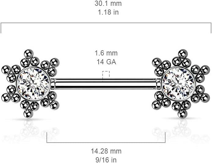 Surgical Steel Threadless Push In 11 CZ Flower Cluster On Each Side Nipple Barbell Rings Nipple Ring Impulse Piercings