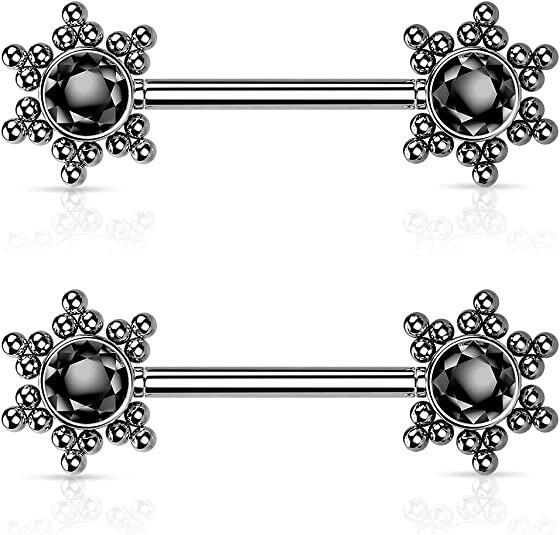 Surgical Steel Threadless Push In 11 CZ Flower Cluster On Each Side Nipple Barbell Rings Nipple Ring Impulse Piercings 14GA Length: 16mm Black