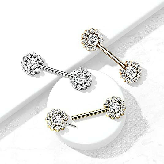 Surgical Steel Threadless Push In 11 CZ Flower Cluster On Each Side Nipple Barbell Rings Nipple Ring Impulse Piercings