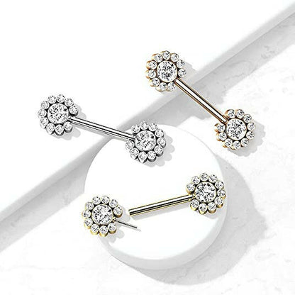 Surgical Steel Threadless Push In 11 CZ Flower Cluster On Each Side Nipple Barbell Rings Nipple Ring Impulse Piercings