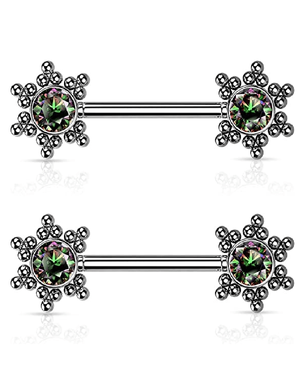 Surgical Steel Threadless Push In 11 CZ Flower Cluster On Each Side Nipple Barbell Rings Nipple Ring Impulse Piercings 14GA Length: 12mm Vitrail Medium