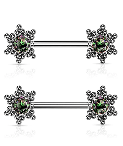 Surgical Steel Threadless Push In 11 CZ Flower Cluster On Each Side Nipple Barbell Rings Nipple Ring Impulse Piercings 14GA Length: 12mm Vitrail Medium