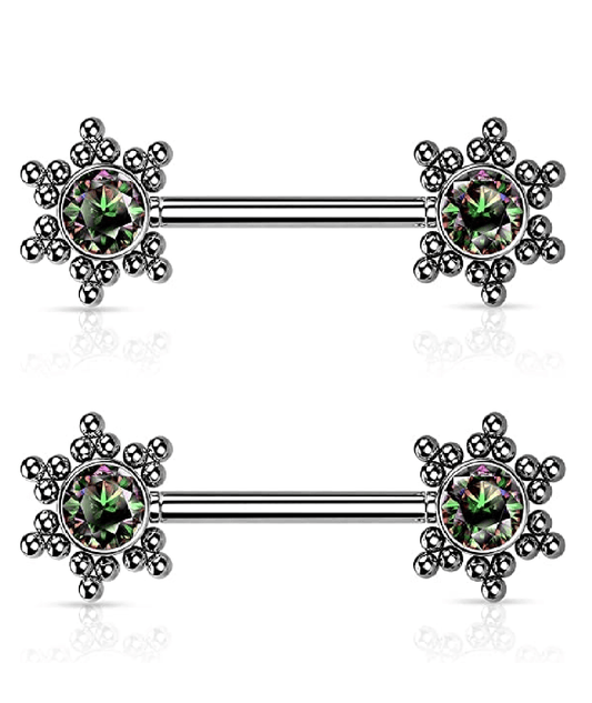 Surgical Steel Threadless Push In 11 CZ Flower Cluster On Each Side Nipple Barbell Rings Nipple Ring Impulse Piercings 14GA Length: 12mm Vitrail Medium