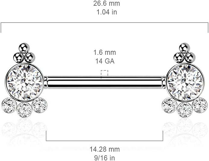 Surgical Steel Threadless Push In 4 CZ and Ball Cluster On Each Side Nipple Barbell Rings Nipple Ring Impulse Piercings