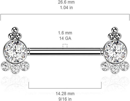 Surgical Steel Threadless Push In 4 CZ and Ball Cluster On Each Side Nipple Barbell Rings Nipple Ring Impulse Piercings