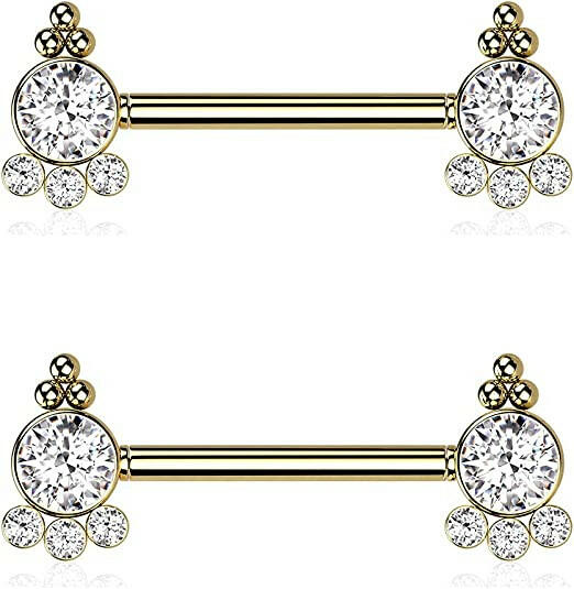 Surgical Steel Threadless Push In 4 CZ and Ball Cluster On Each Side Nipple Barbell Rings Nipple Ring Impulse Piercings Gold