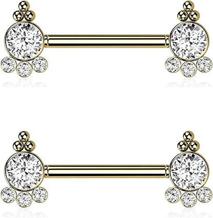 Surgical Steel Threadless Push In 4 CZ and Ball Cluster On Each Side Nipple Barbell Rings Nipple Ring Impulse Piercings Gold