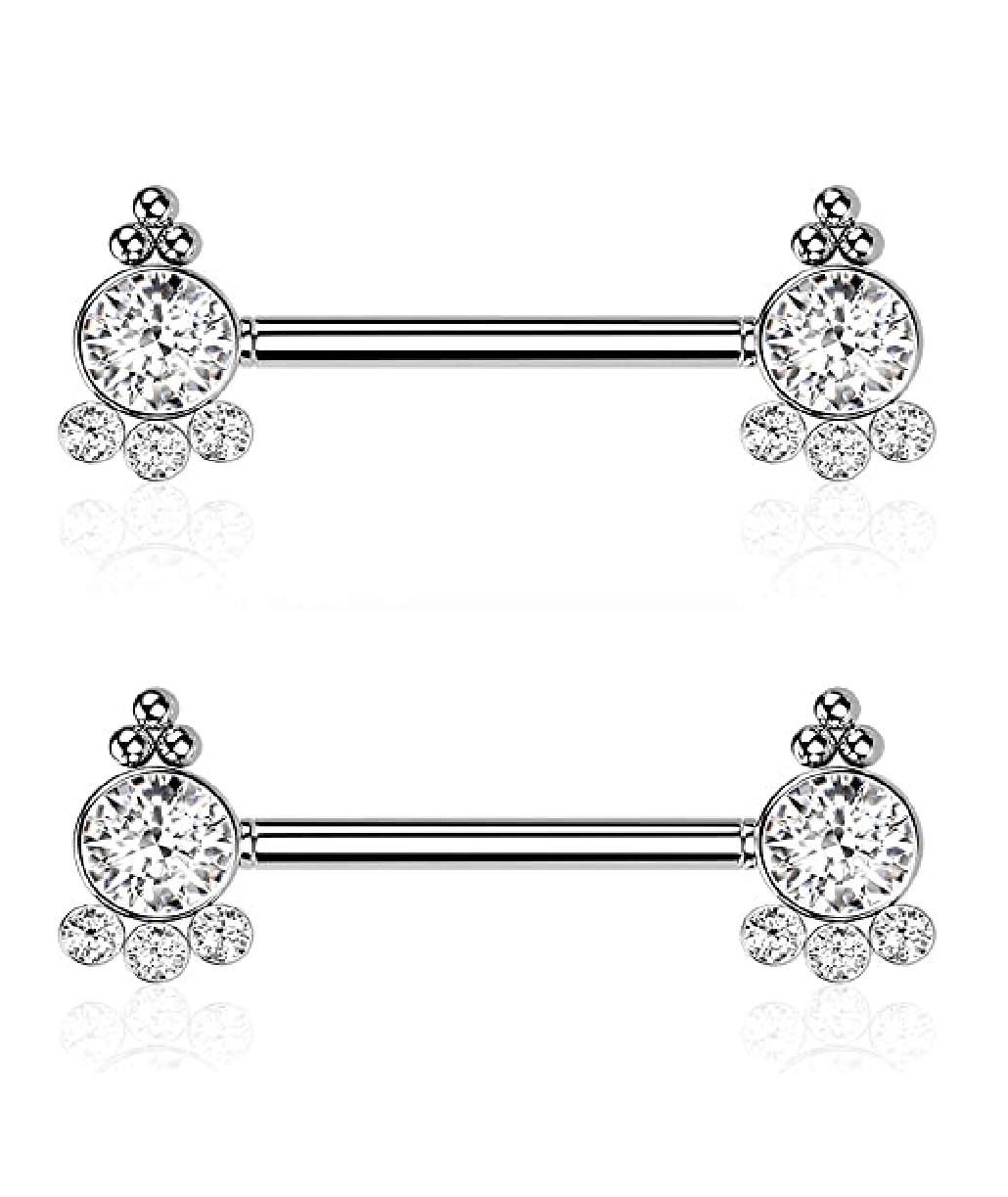 Surgical Steel Threadless Push In 4 CZ and Ball Cluster On Each Side Nipple Barbell Rings Nipple Ring Impulse Piercings Clear