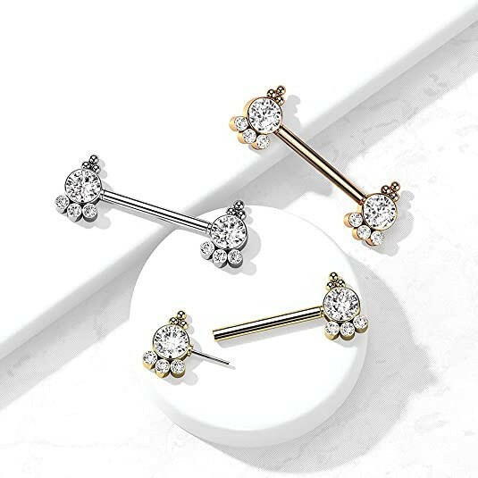 Surgical Steel Threadless Push In 4 CZ and Ball Cluster On Each Side Nipple Barbell Rings Nipple Ring Impulse Piercings