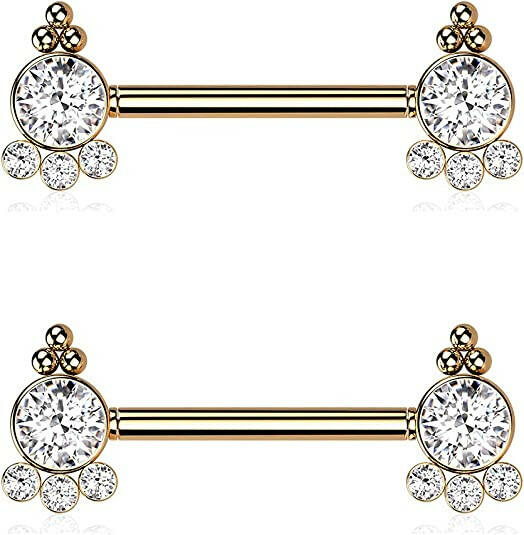 Surgical Steel Threadless Push In 4 CZ and Ball Cluster On Each Side Nipple Barbell Rings Nipple Ring Impulse Piercings