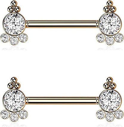 Surgical Steel Threadless Push In 4 CZ and Ball Cluster On Each Side Nipple Barbell Rings Nipple Ring Impulse Piercings