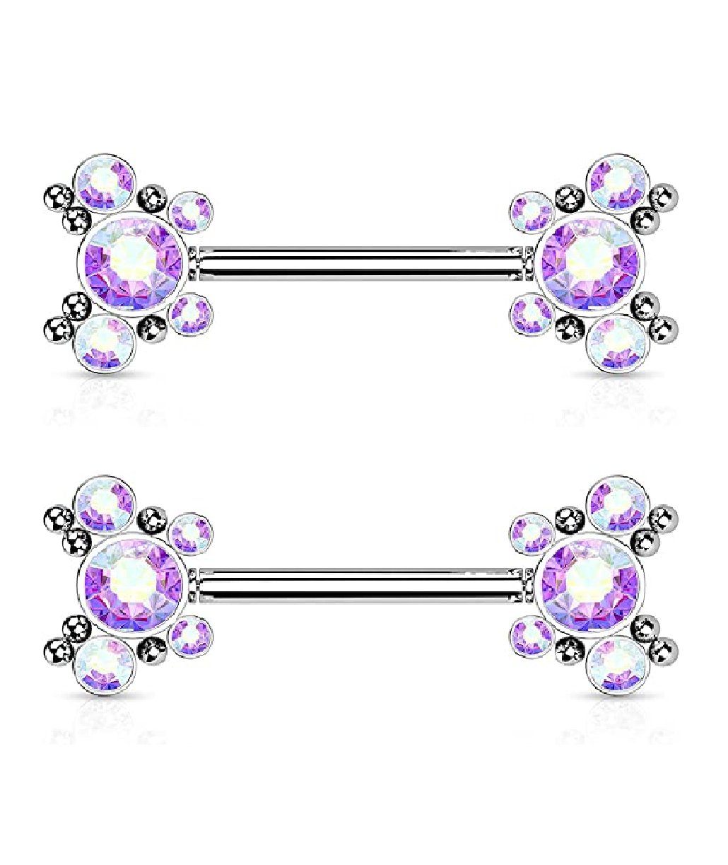 Surgical Steel Threadless Push In 5 CZ Butterfly and Ball Cluster On Each Side Nipple Barbell Rings Nipple Ring Impulse Piercings Aurora Borealis