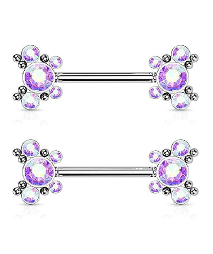 Surgical Steel Threadless Push In 5 CZ Butterfly and Ball Cluster On Each Side Nipple Barbell Rings Nipple Ring Impulse Piercings Aurora Borealis