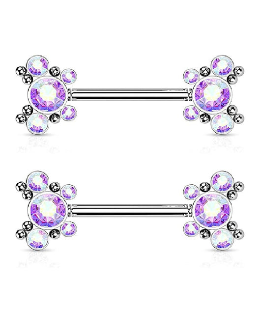 Surgical Steel Threadless Push In 5 CZ Butterfly and Ball Cluster On Each Side Nipple Barbell Rings Nipple Ring Impulse Piercings Aurora Borealis