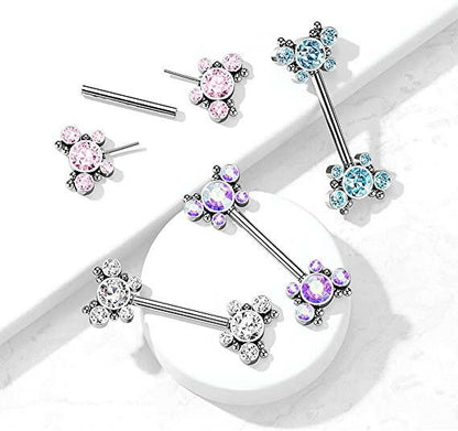 Surgical Steel Threadless Push In 5 CZ Butterfly and Ball Cluster On Each Side Nipple Barbell Rings Nipple Ring Impulse Piercings