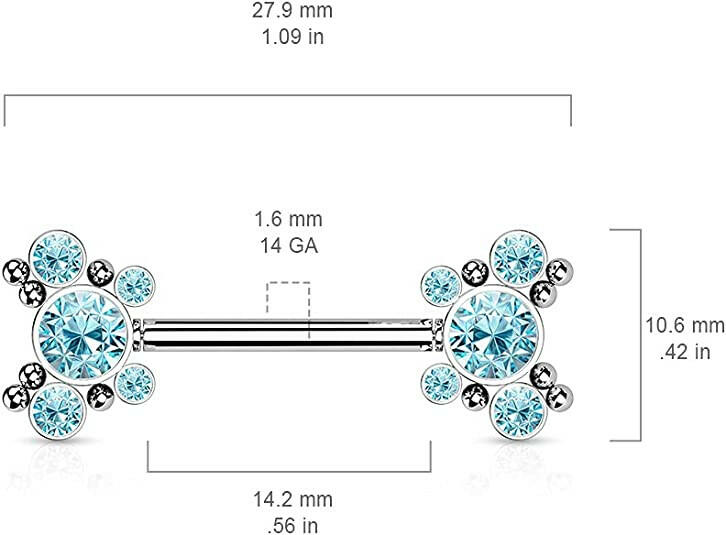 Surgical Steel Threadless Push In 5 CZ Butterfly and Ball Cluster On Each Side Nipple Barbell Rings Nipple Ring Impulse Piercings