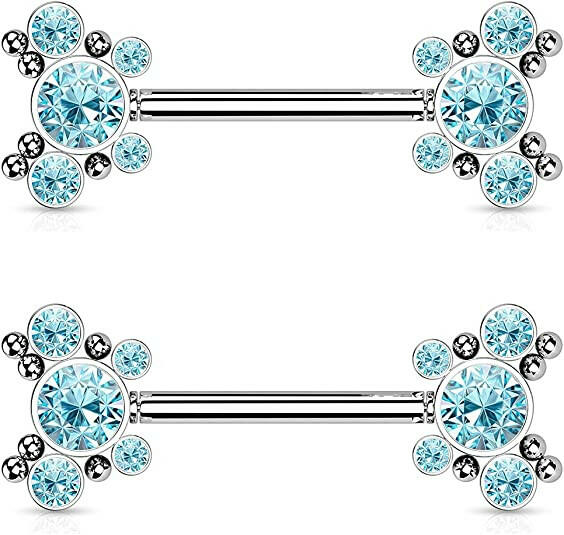 Surgical Steel Threadless Push In 5 CZ Butterfly and Ball Cluster On Each Side Nipple Barbell Rings Nipple Ring Impulse Piercings Aqua