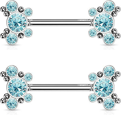 Surgical Steel Threadless Push In 5 CZ Butterfly and Ball Cluster On Each Side Nipple Barbell Rings Nipple Ring Impulse Piercings Aqua