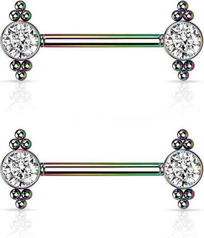 Surgical Steel Threadless Push In CZ and Ball Clusters On Each Side Nipple Barbell Rings Nipple Ring Impulse Piercings Rainbow