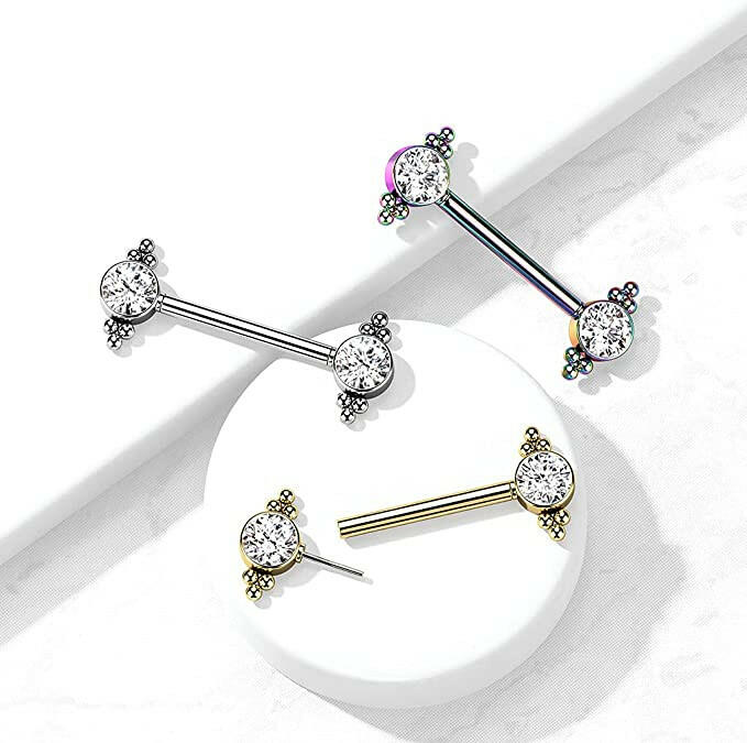 Surgical Steel Threadless Push In CZ and Ball Clusters On Each Side Nipple Barbell Rings Nipple Ring Impulse Piercings