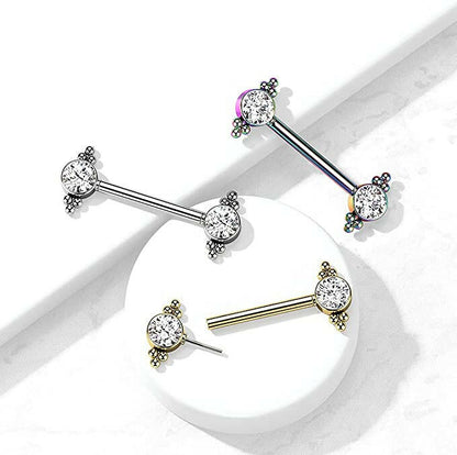 Surgical Steel Threadless Push In CZ and Ball Clusters On Each Side Nipple Barbell Rings Nipple Ring Impulse Piercings