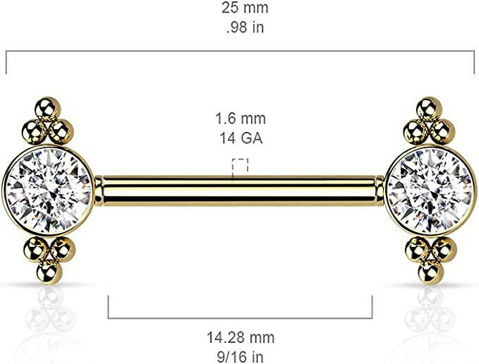 Surgical Steel Threadless Push In CZ and Ball Clusters On Each Side Nipple Barbell Rings Nipple Ring Impulse Piercings