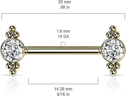 Surgical Steel Threadless Push In CZ and Ball Clusters On Each Side Nipple Barbell Rings Nipple Ring Impulse Piercings