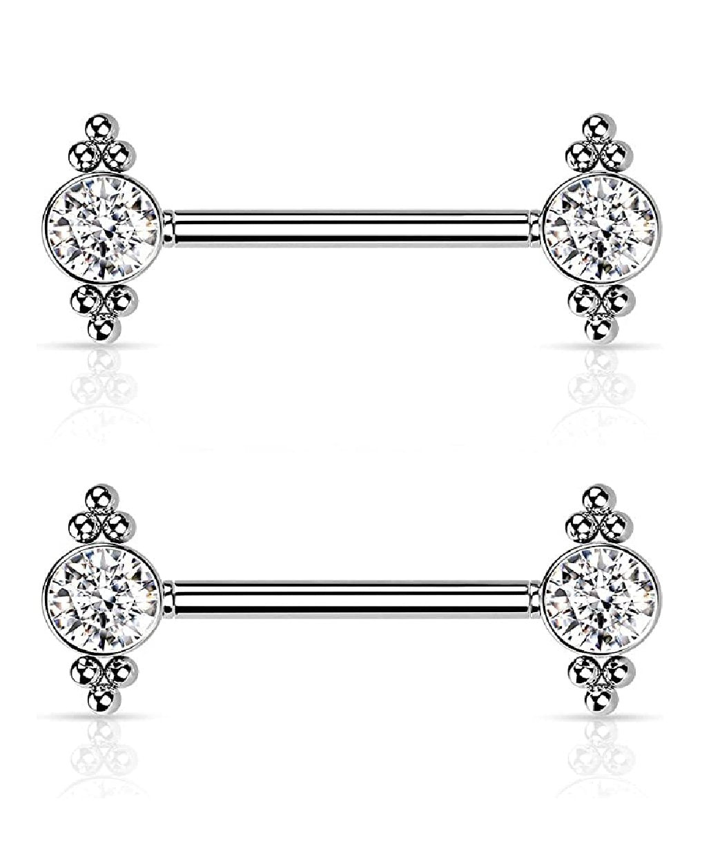 Surgical Steel Threadless Push In CZ and Ball Clusters On Each Side Nipple Barbell Rings Nipple Ring Impulse Piercings Clear