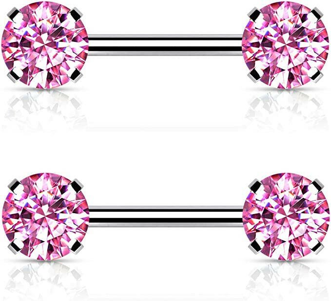 Surgical Steel Threadless Round CZ Ends Nipple Barbell Rings Nipple Ring Impulse Piercings Pink