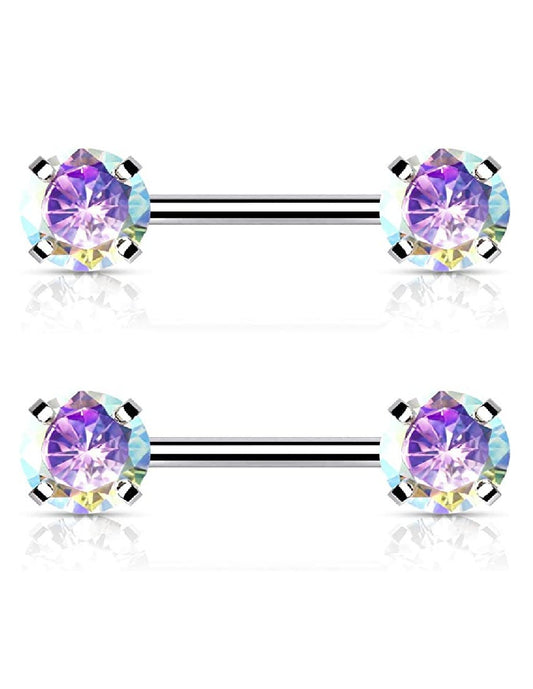 Surgical Steel Threadless Round CZ Ends Nipple Barbell Rings Nipple Ring Impulse Piercings Aurora Borealis