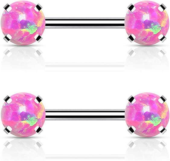 Surgical Steel Threadless Round Opal Ends Nipple Barbell Rings Nipple Ring Impulse Piercings Pink