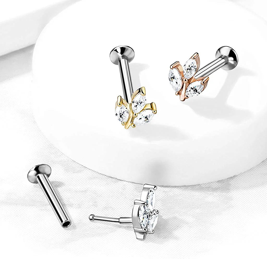 Surgical Steel Threadless Top 3 Marquise CZ Push-in Style Labret Flat Back Studs Labret Impulse Piercings