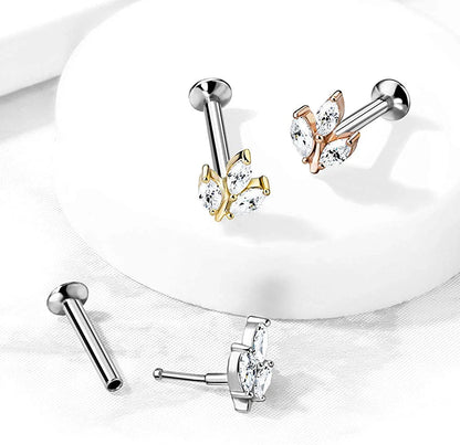 Surgical Steel Threadless Top 3 Marquise CZ Push-in Style Labret Flat Back Studs Labret Impulse Piercings