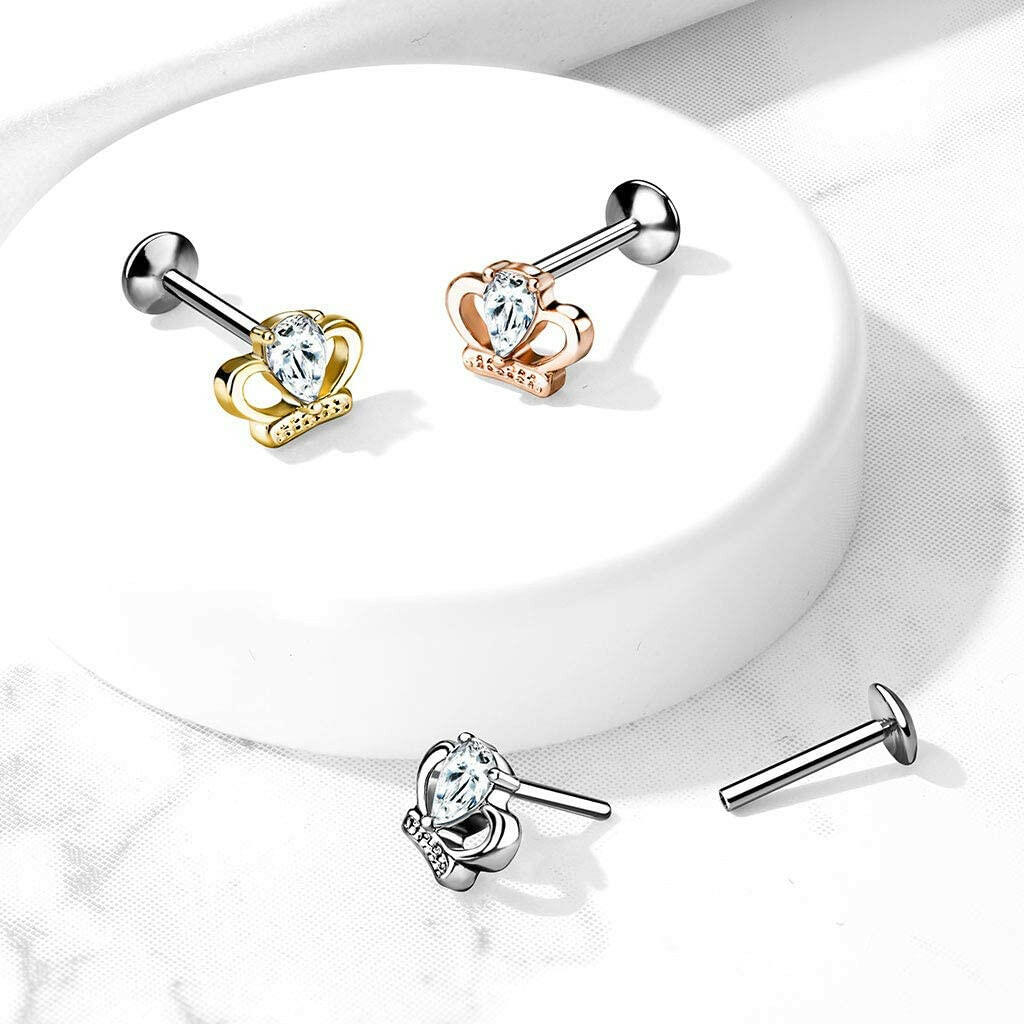 Surgical Steel Threadless Top CZ Crown Push in Style Labret Flat Back Nose Studs Nose Ring, cartilage ring Impulse Piercings