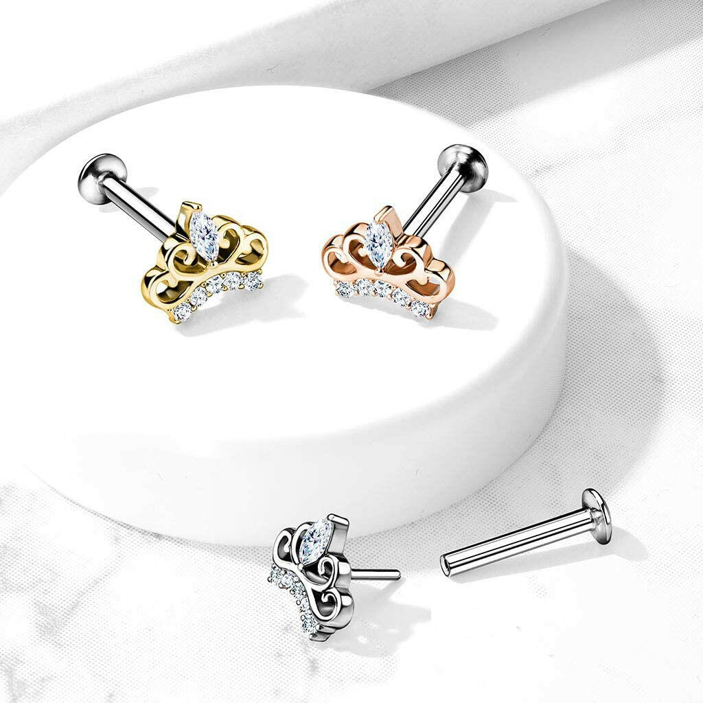 Surgical Steel Threadless Top CZ Paved Tiara Push in Style Labret, Flat Back Studs For Ear Cartilage and Nose Labret Impulse Piercings